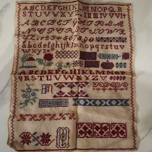 Vintage Antique Style Cross Stitch Alphabet Sampler Red Blue Linen 16x13
